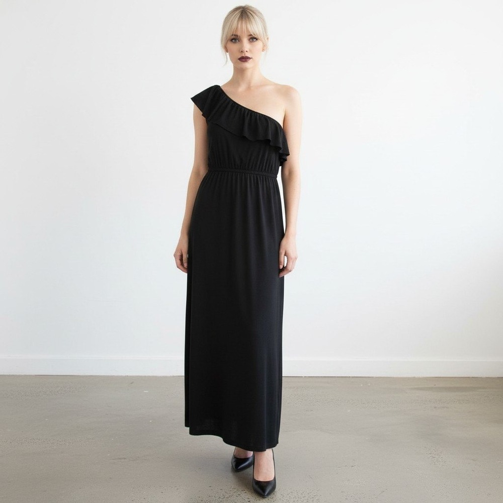 Vintage 70s Black One Shoulder Ruffle Maxi Dress Size Small